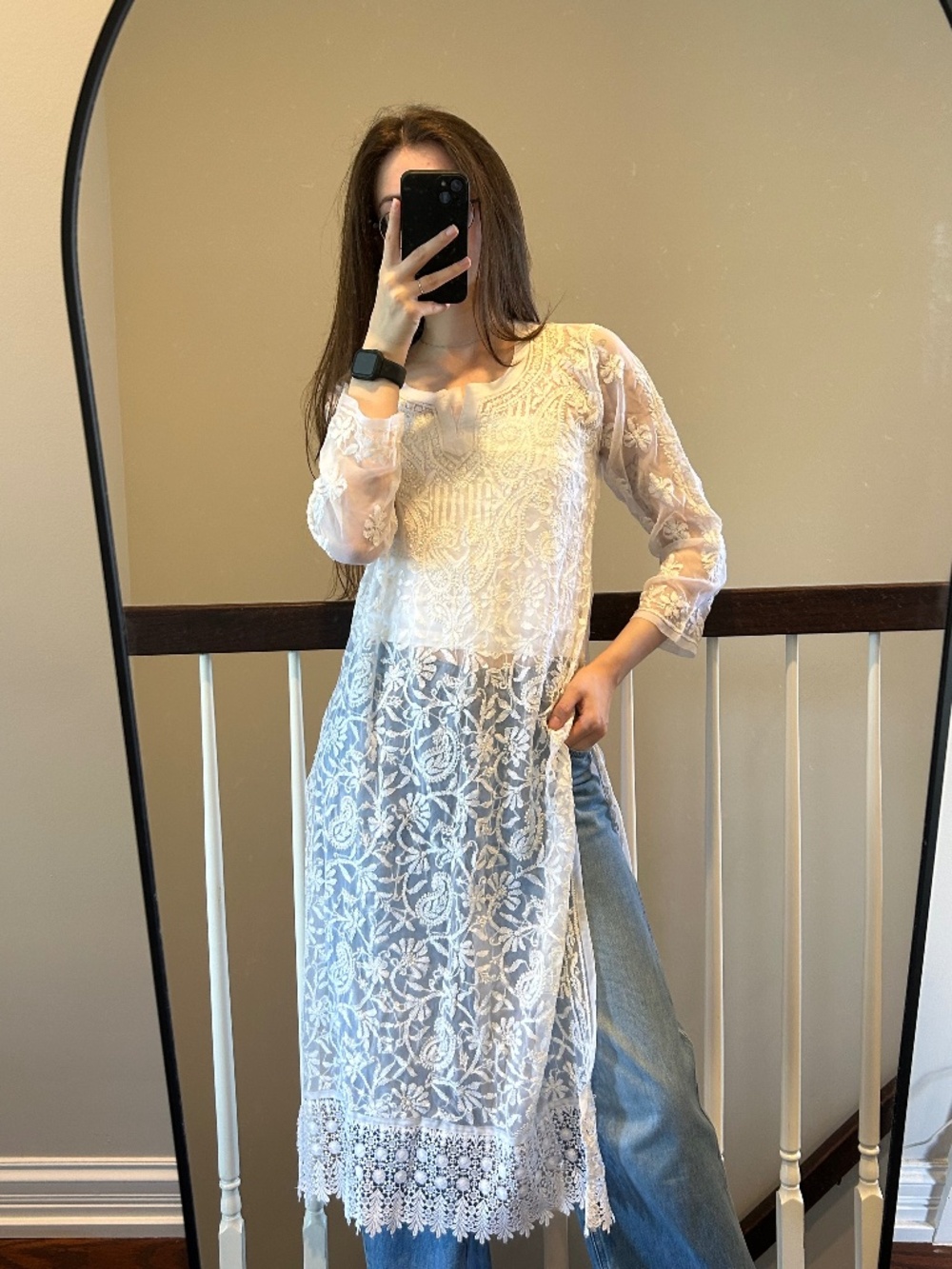White Embroidered Sheer Lace Pakistani Style Kurta Tunic Cover Up M